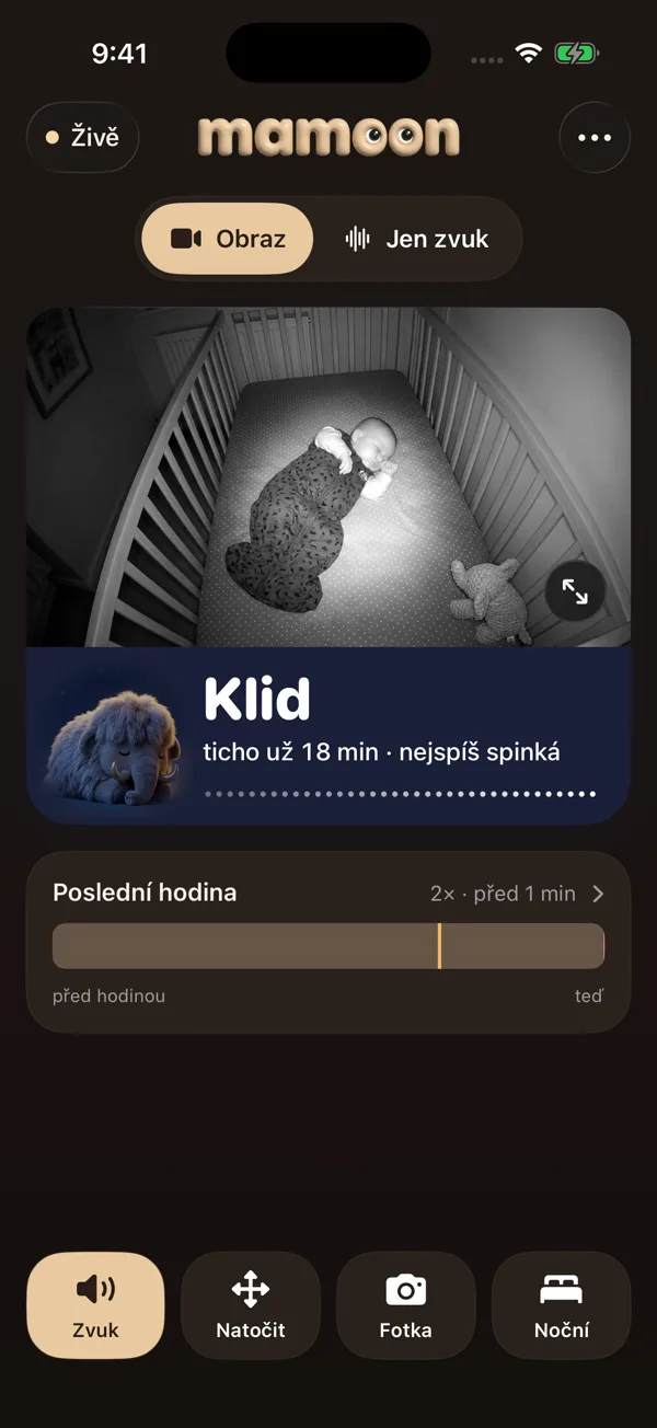 Mamoon v telefonu s nočním obrazem z kamery a stavem Klid